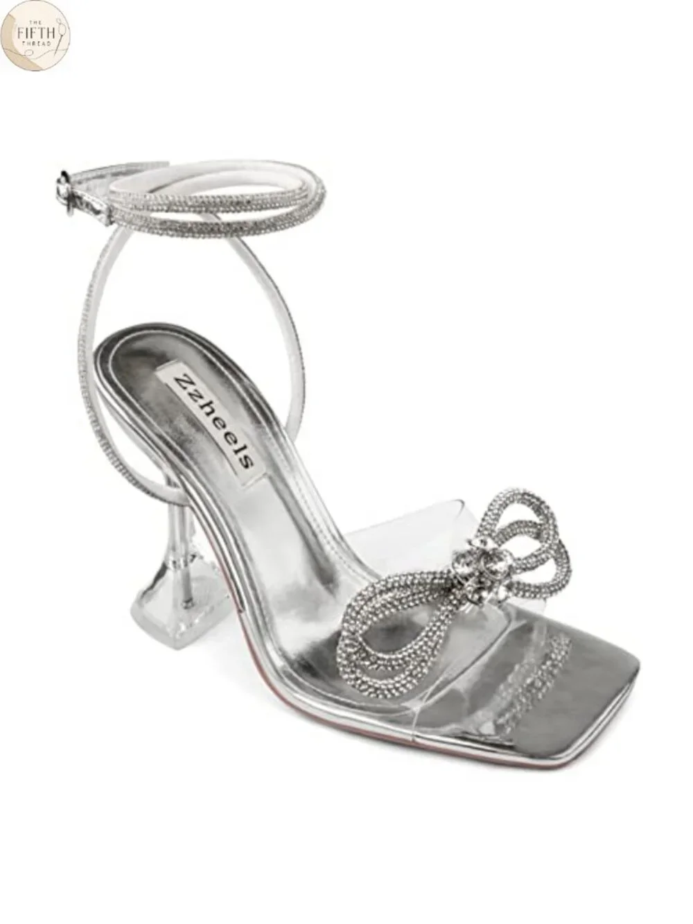 Double Bowknot Crystal Clear Strappy Block Heel Sandals Square Toe